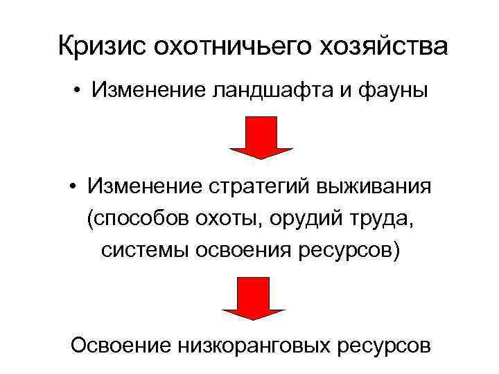 Кризис охотничьего хозяйства • Изменение ландшафта и фауны • Изменение стратегий выживания (способов охоты,