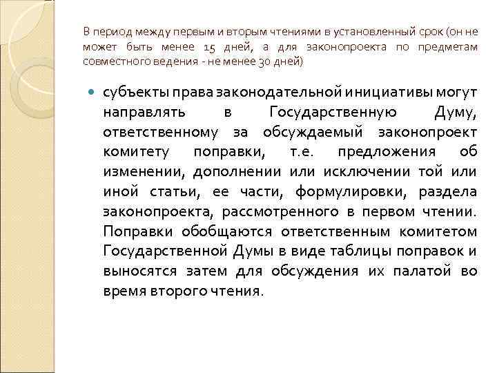В период между первым и вторым чтениями в установленный срок (он не может быть