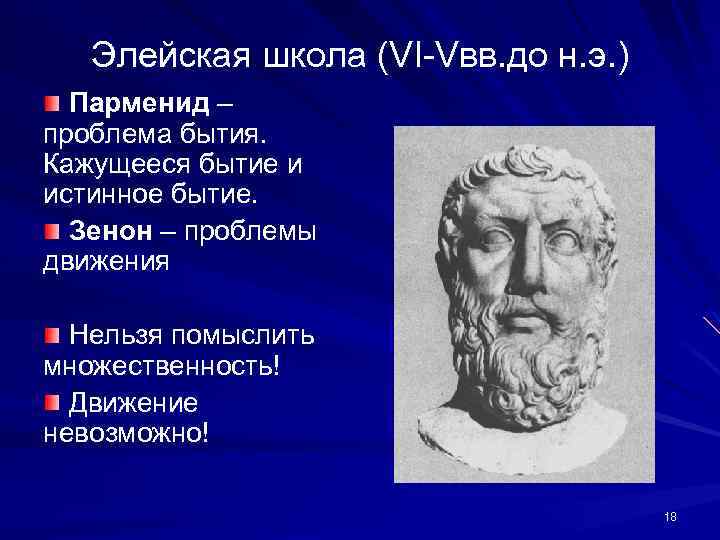 Элейская школа (VI-Vвв. до н. э. ) Парменид – проблема бытия. Кажущееся бытие и