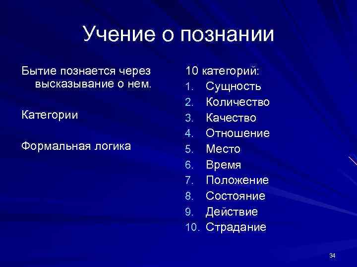 Учение о познании Бытие познается через высказывание о нем. Категории Формальная логика 10 категорий: