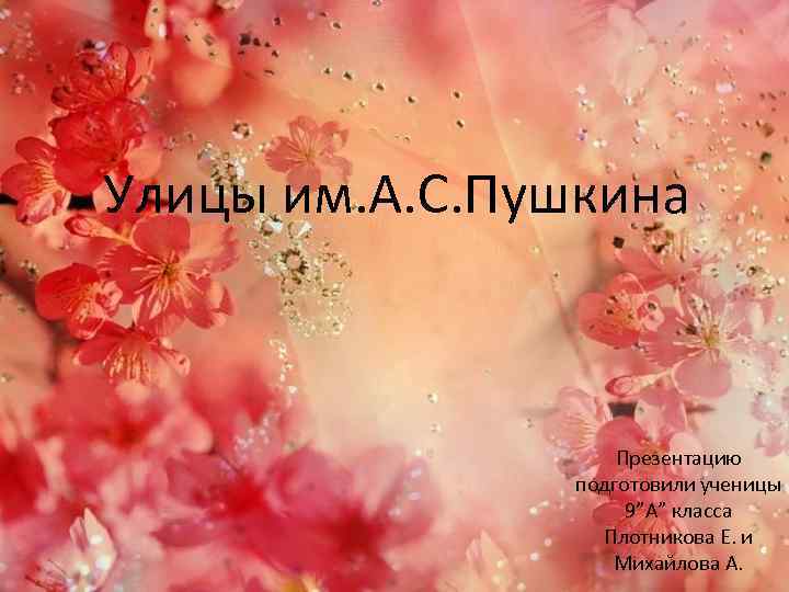 Улицы им. А. С. Пушкина Презентацию подготовили ученицы 9”A” класса Плотникова Е. и Михайлова