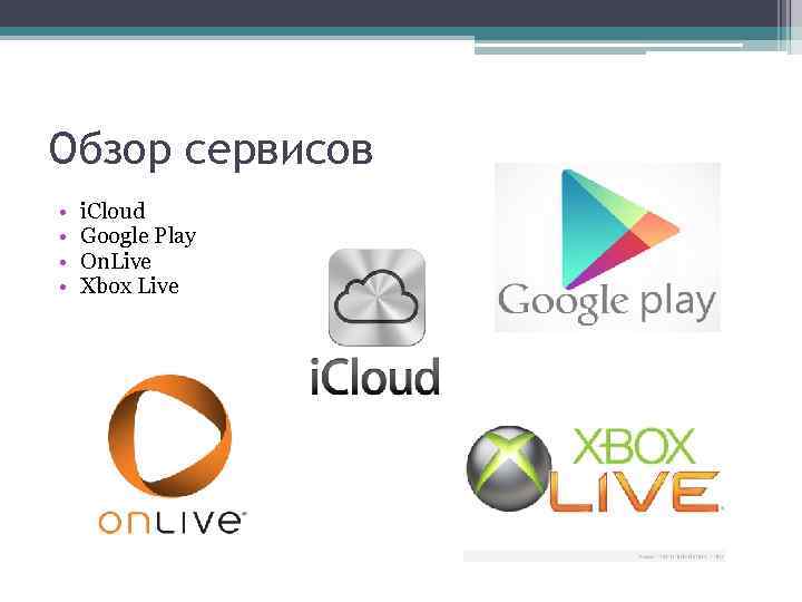 Обзор сервисов • • i. Cloud Google Play On. Live Xbox Live 