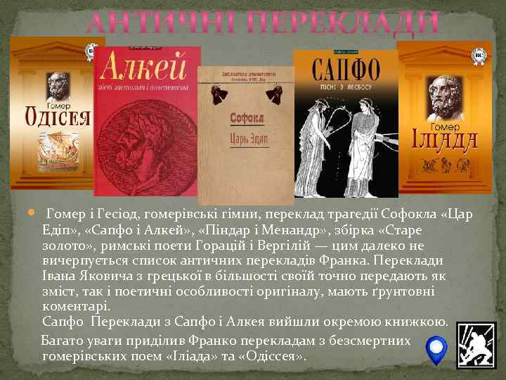  Гомер і Гесіод, гомерівські гімни, переклад трагедії Софокла «Цар Едіп» , «Сапфо і