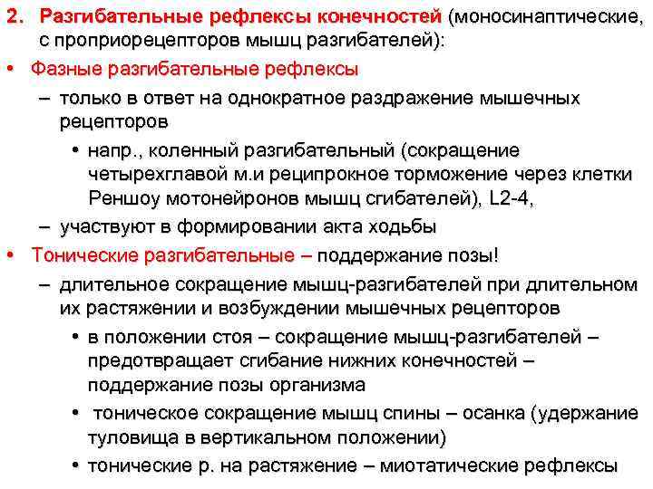 2. Разгибательные рефлексы конечностей (моносинаптические, с проприорецепторов мышц разгибателей): • Фазные разгибательные рефлексы –