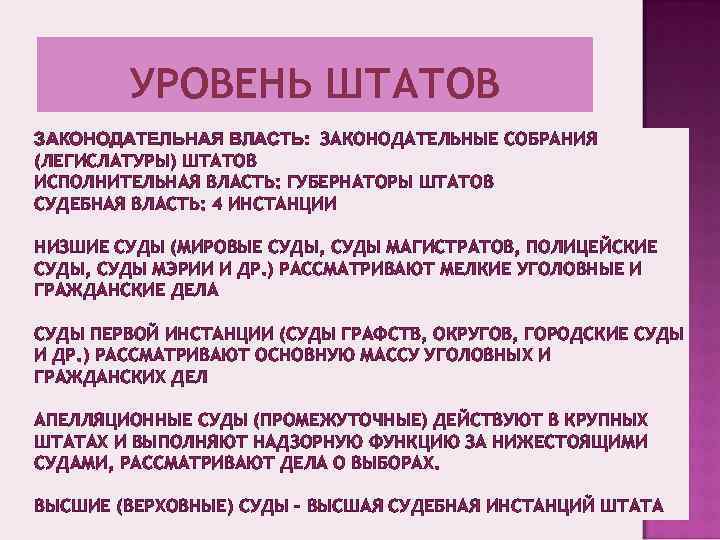 УРОВЕНЬ ШТАТОВ ЗАКОНОДАТЕЛЬНАЯ ВЛАСТЬ: ЗАКОНОДАТЕЛЬНЫЕ СОБРАНИЯ (ЛЕГИСЛАТУРЫ) ШТАТОВ ИСПОЛНИТЕЛЬНАЯ ВЛАСТЬ: ГУБЕРНАТОРЫ ШТАТОВ СУДЕБНАЯ ВЛАСТЬ: