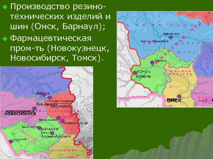 Производство резинотехнических изделий и шин (Омск, Барнаул); u Фармацевтическая пром-ть (Новокузнецк, Новосибирск, Томск). u