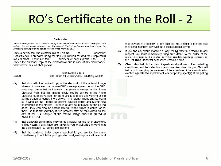 RO’s Certificate on the Roll - 2 19 -03 -2018 Learning Module for Presiding