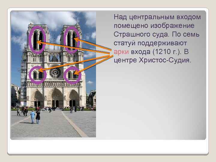 Над центральным входом помещено изображение Страшного суда. По семь статуй поддерживают арки входа (1210