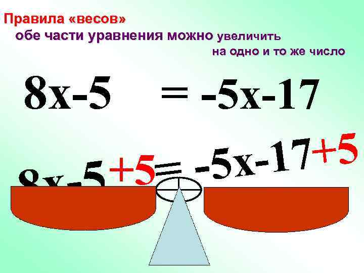 Правила «весов» обе части уравнения можно увеличить на одно и то же число 8