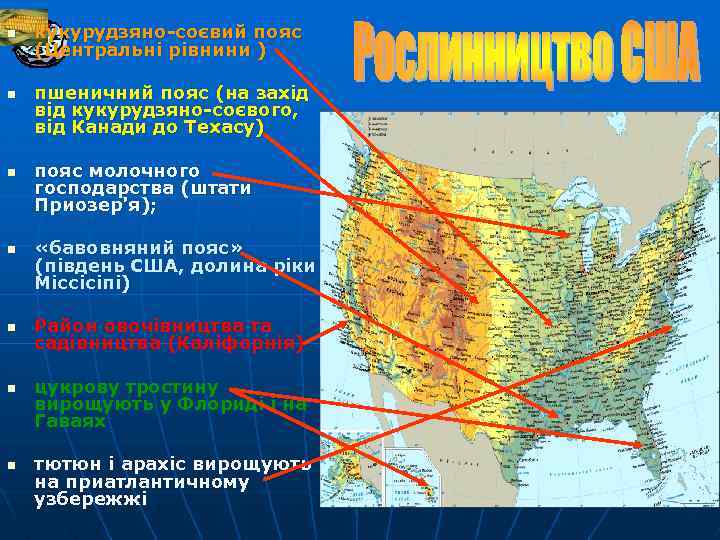 n n n n кукурудзяно-соєвий пояс (Центральні рівнини ) пшеничний пояс (на захід від