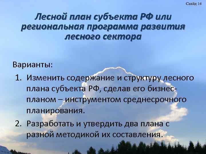 Слайд 16 Лесной план субъекта РФ или региональная программа развития лесного сектора Варианты: 1.