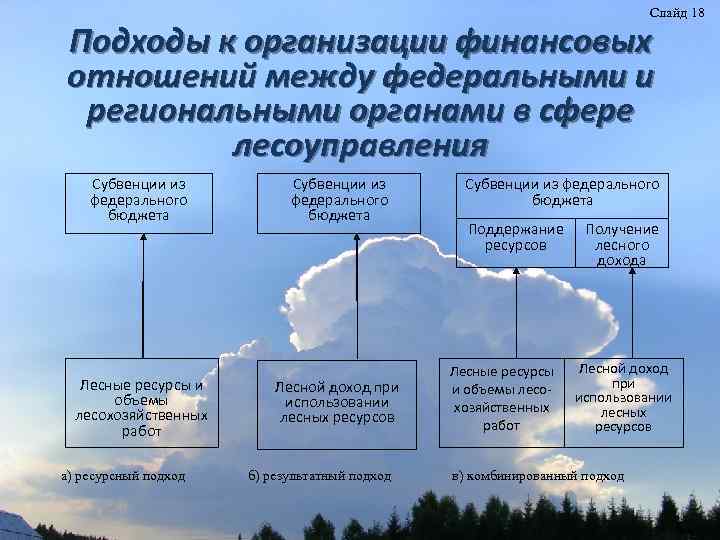 Слайд 18 Подходы к организации финансовых отношений между федеральными и региональными органами в сфере