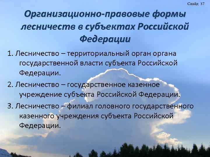 Слайд 37 Организационно-правовые формы лесничеств в субъектах Российской Федерации 1. Лесничество – территориальный органа