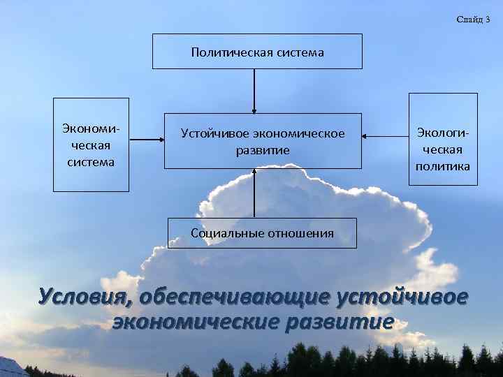 Слайд 3 Политическая система Экономическая система Устойчивое экономическое развитие Экологическая политика Социальные отношения Условия,