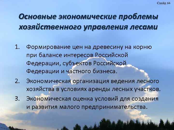 Слайд 64 Основные экономические проблемы хозяйственного управления лесами 1. Формирование цен на древесину на