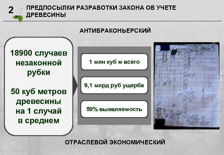 2 ПРЕДПОСЫЛКИ РАЗРАБОТКИ ЗАКОНА ОБ УЧЕТЕ ДРЕВЕСИНЫ АНТИБРАКОНЬЕРСКИЙ 18900 случаев незаконной рубки 50 куб