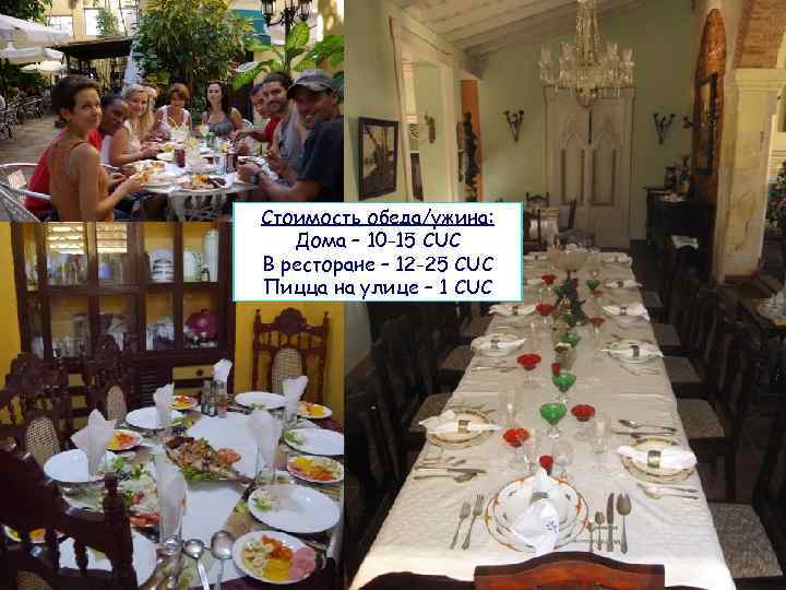 Стоимость обеда/ужина: Дома – 10 -15 CUC В ресторане – 12 -25 CUC Пицца