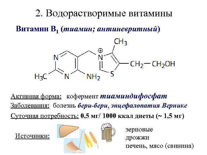 2. Водорастворимые витамины Витамин В 1 (тиамин; антиневритный) Активная форма: кофермент тиаминдифосфат Заболевания: болезнь