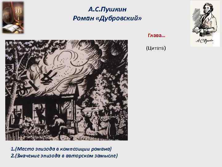 А. С. Пушкин Роман «Дубровский» Глава… (Цитата) 1. (Место эпизода в композиции романа) 2.