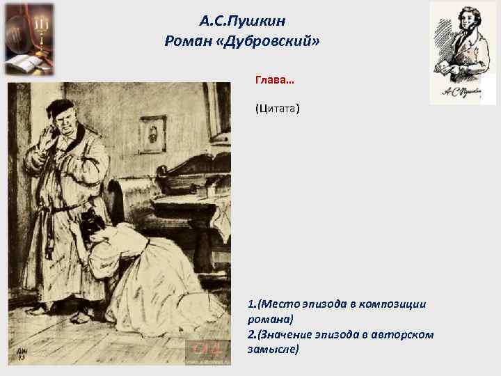 А. С. Пушкин Роман «Дубровский» Глава… (Цитата) 1. (Место эпизода в композиции романа) 2.