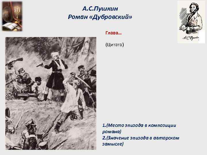 А. С. Пушкин Роман «Дубровский» Глава… (Цитата) 1. (Место эпизода в композиции романа) 2.