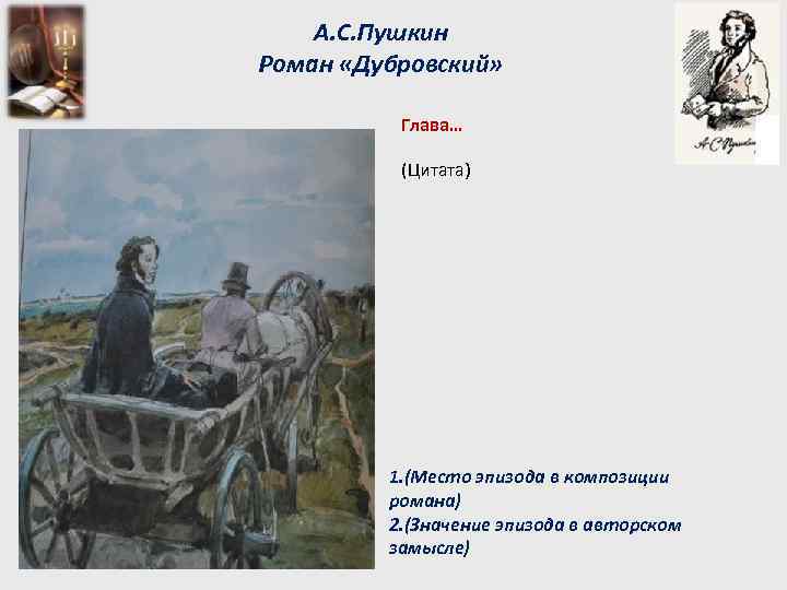 А. С. Пушкин Роман «Дубровский» Глава… (Цитата) 1. (Место эпизода в композиции романа) 2.