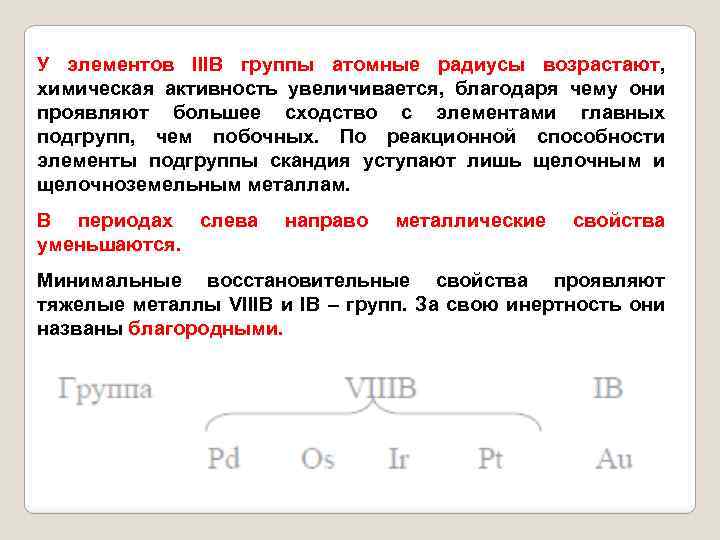 У элементов IIIВ группы атомные радиусы возрастают, химическая активность увеличивается, благодаря чему они проявляют