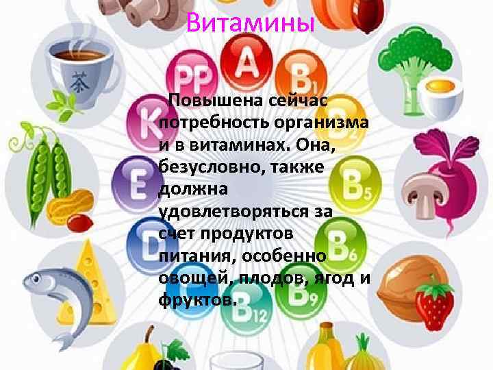 Витамины Повышена сейчас потребность организма и в витаминах. Она, безусловно, также должна удовлетворяться за