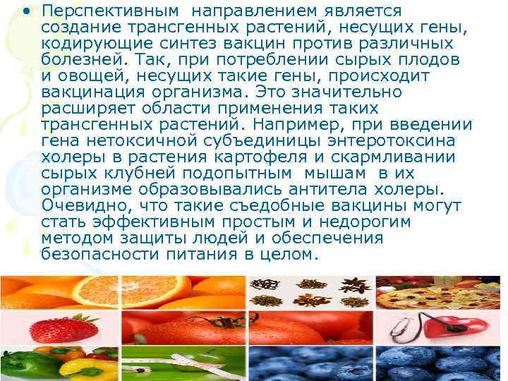  • Перспективным направлением является создание трансгенных растений, несущих гены, кодирующие синтез вакцин против