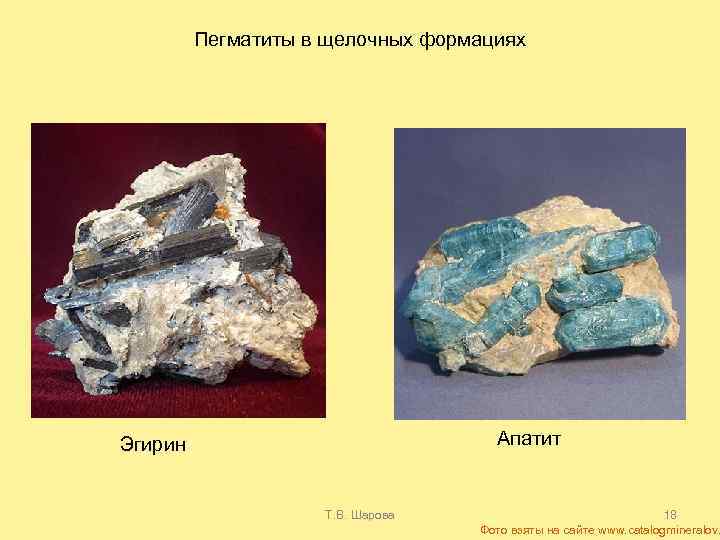 Пегматиты в щелочных формациях Апатит Эгирин Т. В. Шарова 18 Фото взяты на сайте