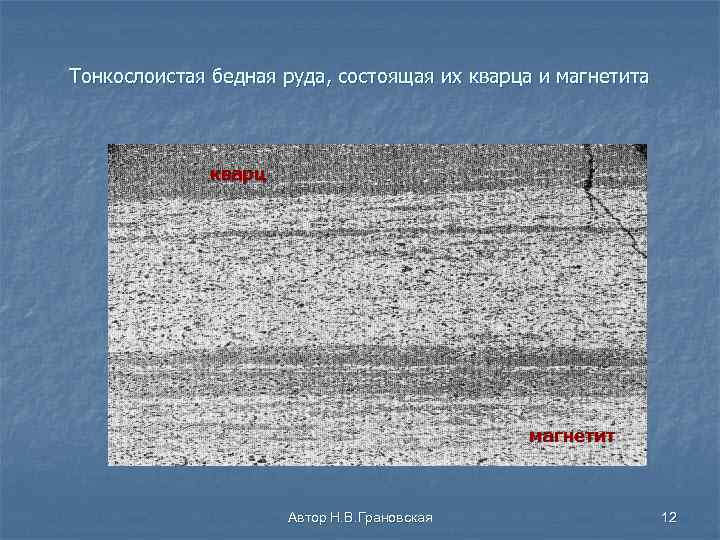 Тонкослоистая бедная руда, состоящая их кварца и магнетита кварц магнетит Автор Н. В. Грановская