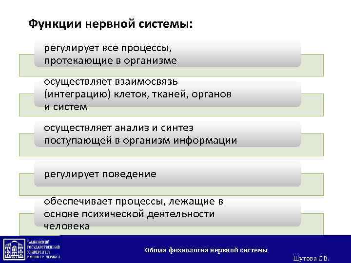 Функции нервной системы: регулирует все процессы, протекающие в организме осуществляет взаимосвязь (интеграцию) клеток, тканей,
