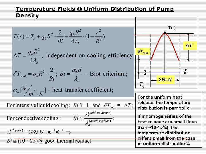 Temperature Fields @ Uniform Distribution of Pump Density T(r) ΔT δTcool r Tc 2