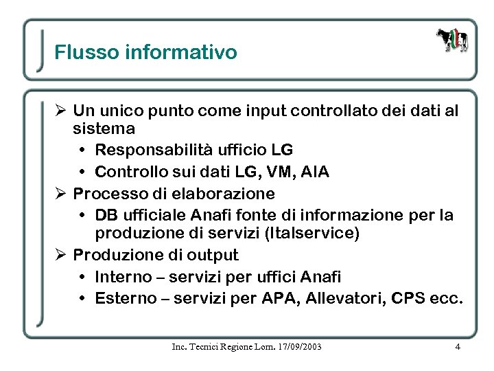 Flusso informativo Ø Un unico punto come input controllato dei dati al sistema •