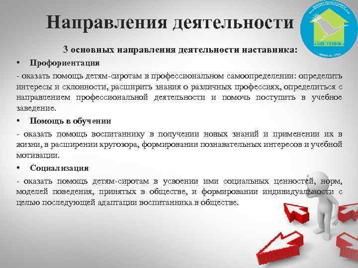 Направления деятельности 3 основных направления деятельности наставника: • Профориентация - оказать помощь детям-сиротам в