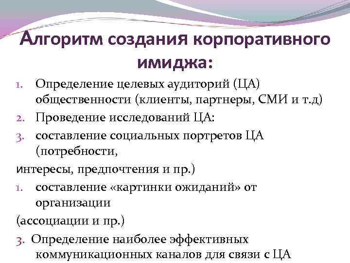 Алгоритм создания корпоративного имиджа: Определение целевых аудиторий (ЦА) общественности (клиенты, партнеры, СМИ и т.