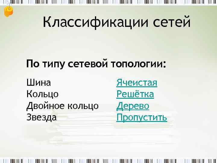 Классификации сетей По типу сетевой топологии: Шина Кольцо Двойное кольцо Звезда Ячеистая Решётка Дерево