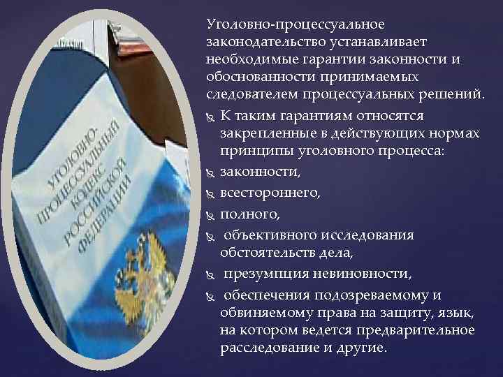 Уголовно-процессуальное законодательство устанавливает необходимые гарантии законности и обоснованности принимаемых следователем процессуальных решений. К таким