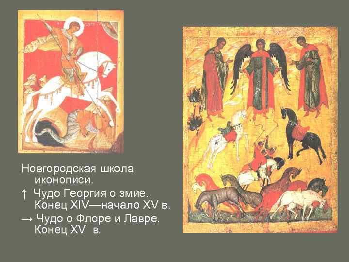 Новгородская школа иконописи. ↑ Чудо Георгия о змие. Конец XIV—начало XV в. → Чудо