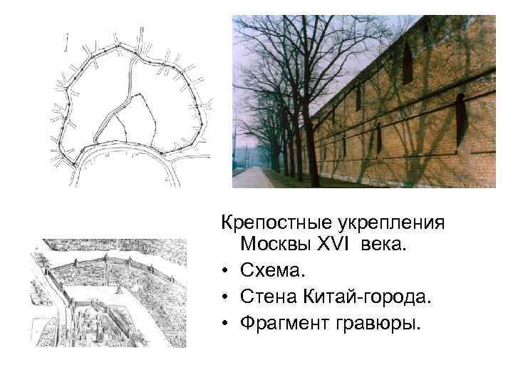 Крепостные укрепления Москвы XVI века. • Схема. • Стена Китай-города. • Фрагмент гравюры. 