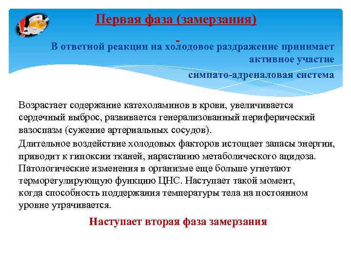 Первая фаза (замерзания) В ответной реакции на холодовое раздражение принимает активное участие симпато-адреналовая система