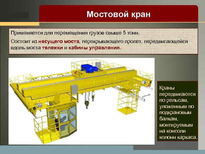 LOGO Мостовой кран Применяется для перемещения грузов свыше 5 тонн. Состоит из несущего моста,