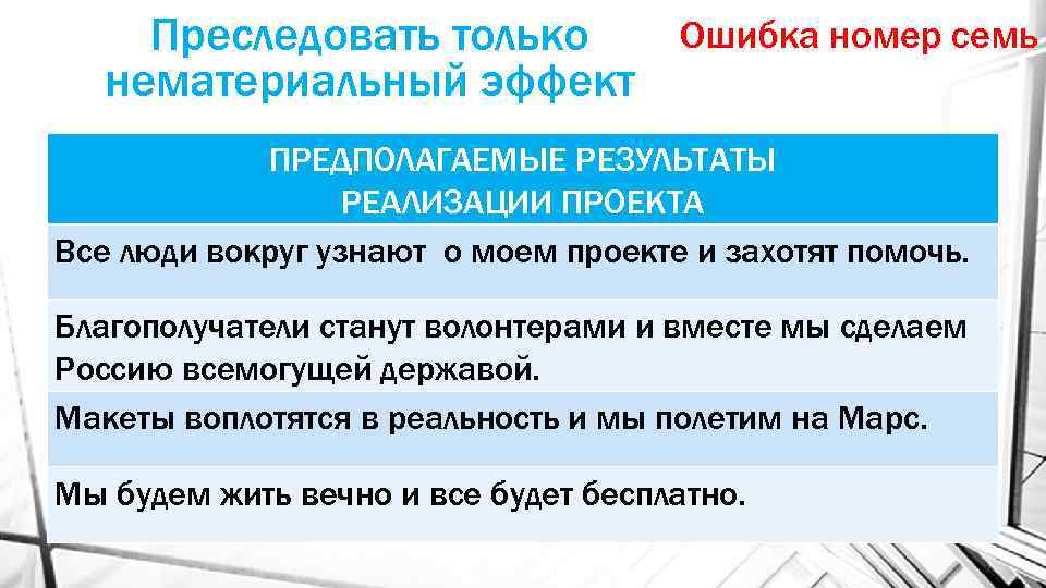 Ошибка номер семь Преследовать только нематериальный эффект ПРЕДПОЛАГАЕМЫЕ РЕЗУЛЬТАТЫ РЕАЛИЗАЦИИ ПРОЕКТА Все люди вокруг