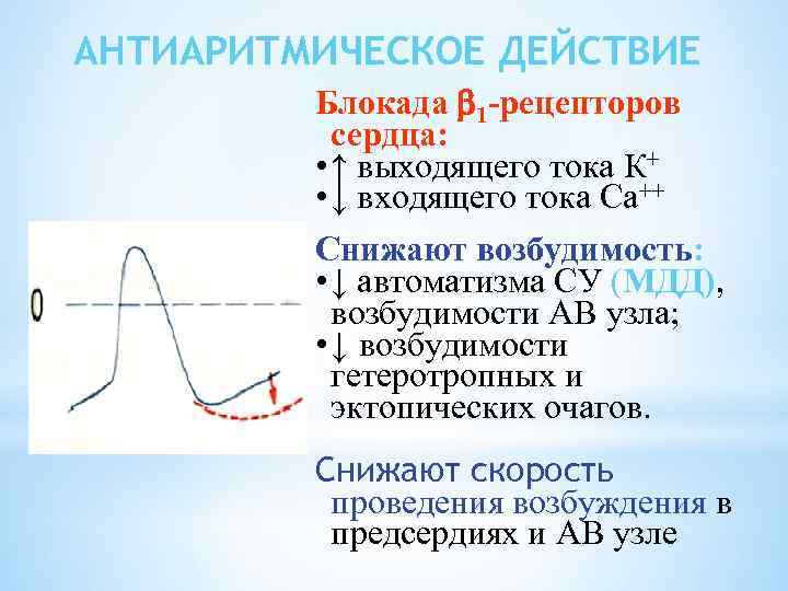 АНТИАРИТМИЧЕСКОЕ ДЕЙСТВИЕ Блокада 1 -рецепторов сердца: • ↑ выходящего тока К+ • ↓ входящего