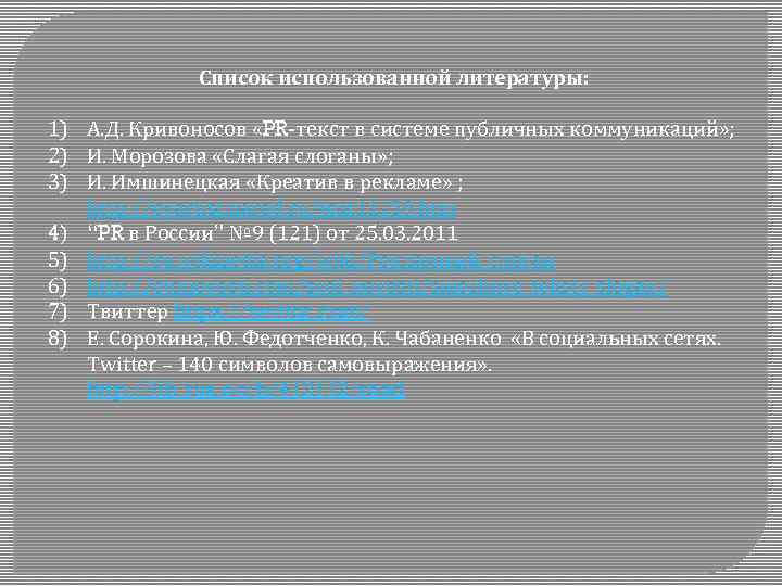 Список использованной литературы: 1) А. Д. Кривоносов «PR-текст в системе публичных коммуникаций» ; 2)