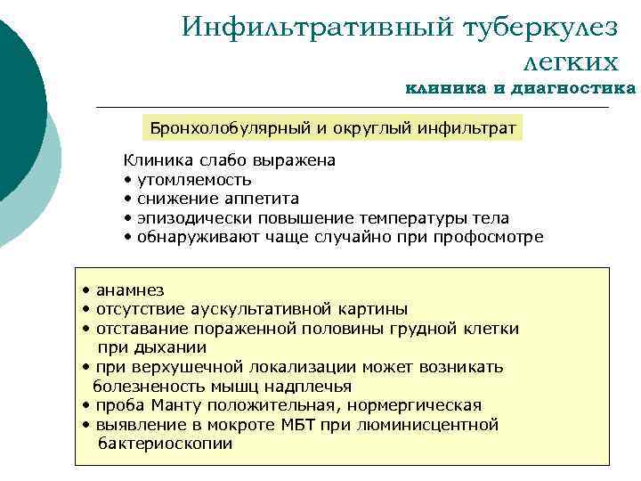 Инфильтративный туберкулез легких клиника и диагностика Бронхолобулярный и округлый инфильтрат Клиника слабо выражена •