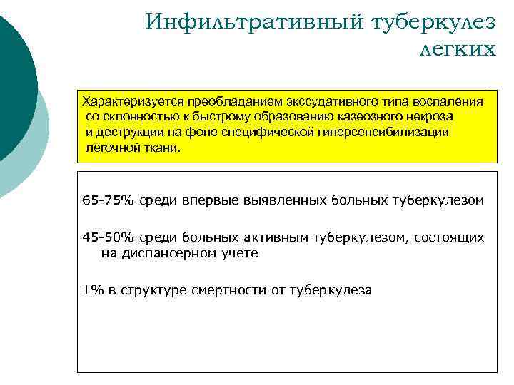 Инфильтративный туберкулез легких Характеризуется преобладанием экссудативного типа воспаления со склонностью к быстрому образованию казеозного