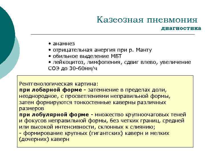 Казеозная пневмония диагностика • анамнез • отрицательная анергия при р. Манту • обильное выделение