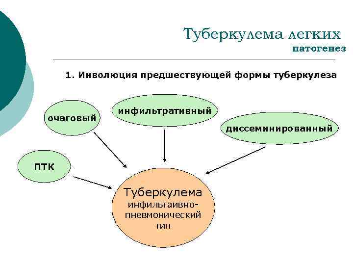 Туберкулема легких патогенез 1. Инволюция предшествующей формы туберкулеза очаговый инфильтративный диссеминированный ПТК Туберкулема инфильтаивнопневмонический