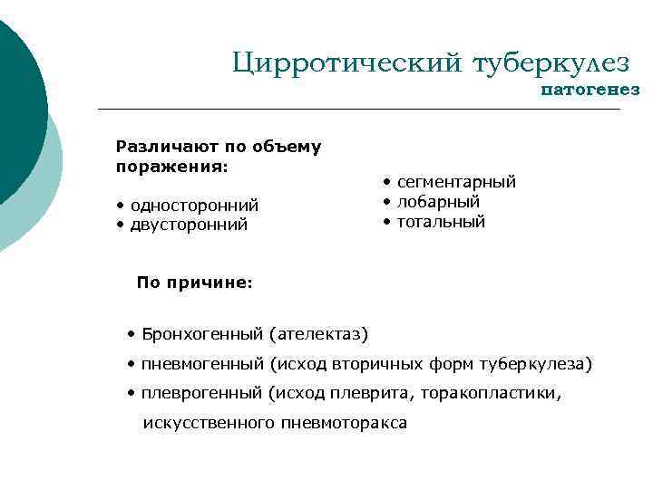 Цирротический туберкулез патогенез Различают по объему поражения: • односторонний • двусторонний • сегментарный •